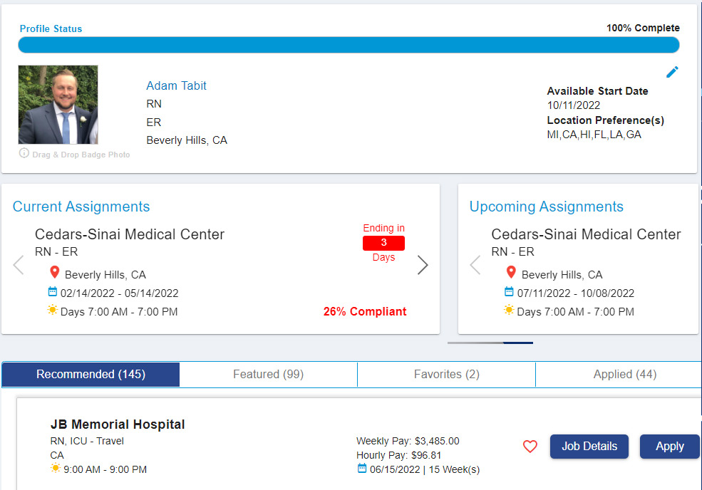 Healthcare VMS Candidate Portal Dashboard